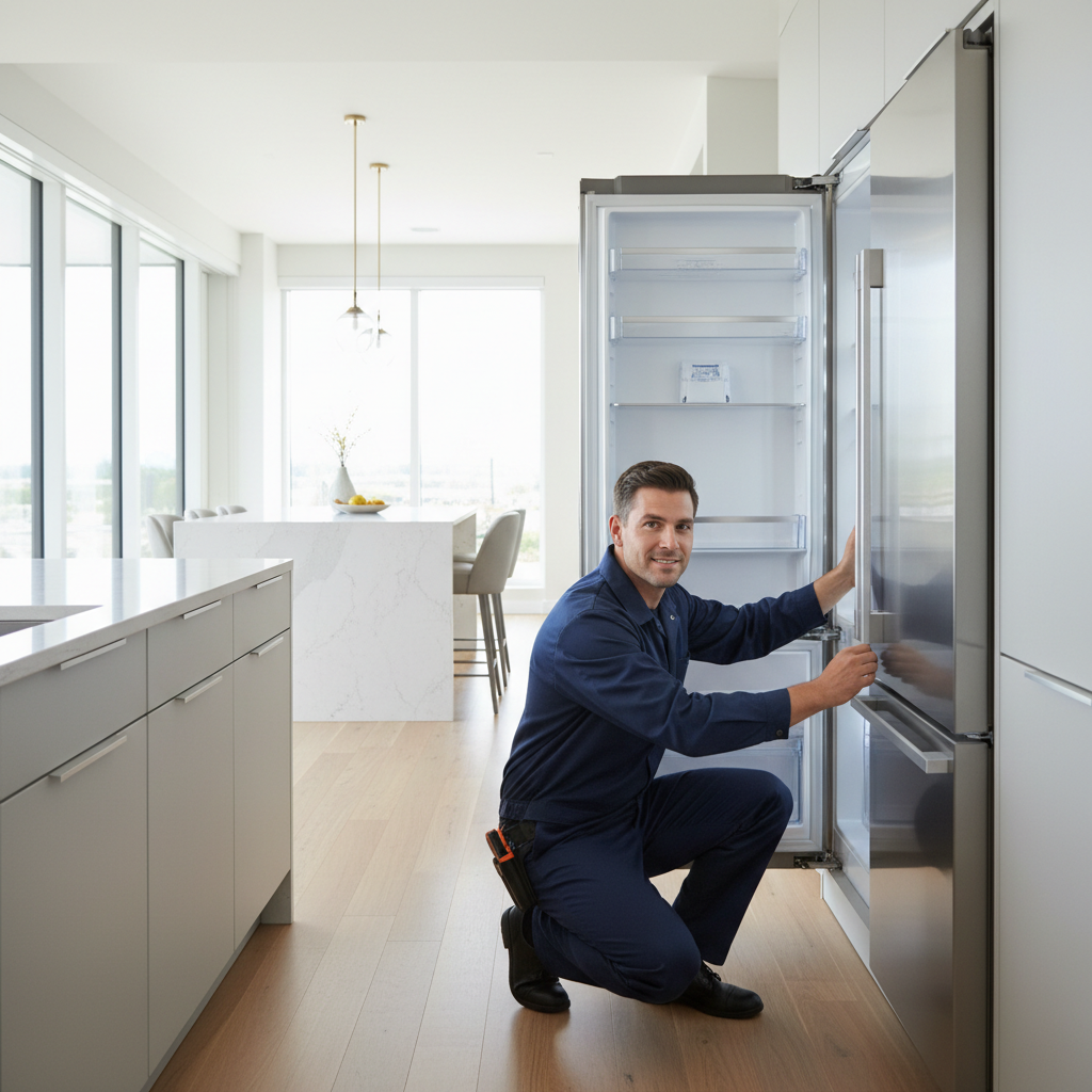 Professional appliance repair technician working in a premium kitchen